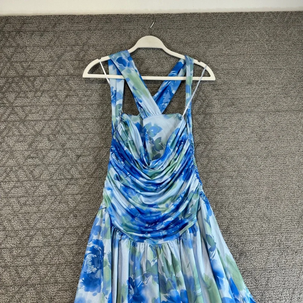 Free‎ People Aqua Combo Blue Floral Ruched Halter Maxi Dress Size M